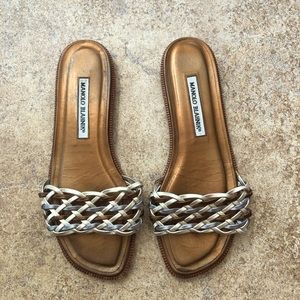Manolo Blahnik woven leather slide.